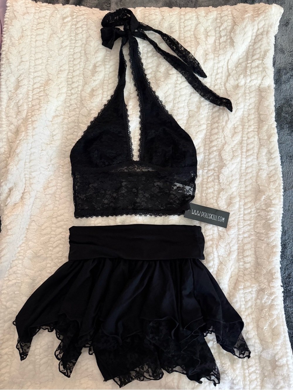 Dolls Kill Black Lace Halter Bralette & Flow Skirt Set